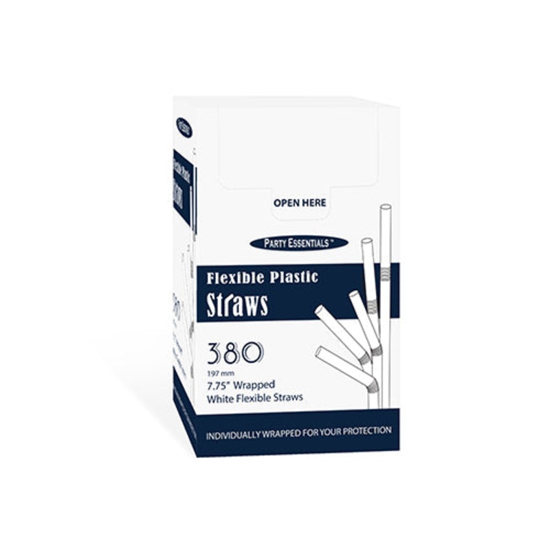PartyE 7.75' Flex Plastic White Straws - 380ct