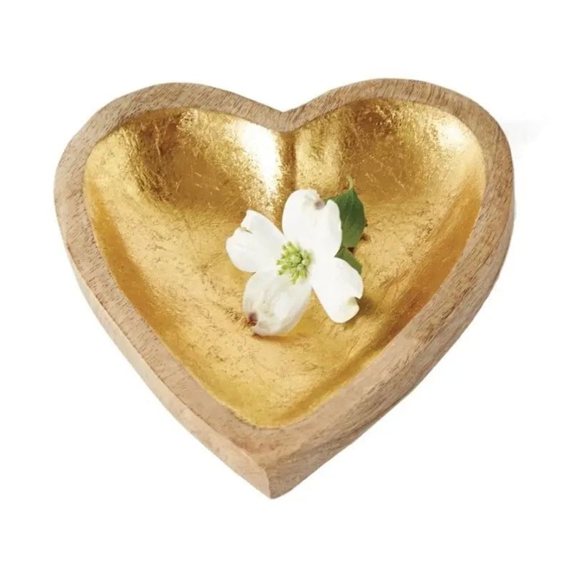 Decorative Mango Wood Heart Bowl with Gold