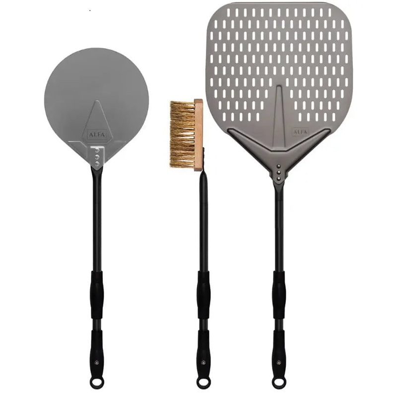 Alfa 3-Piece Large Pizza Peel Set with 48 in. Extendable Black Handles