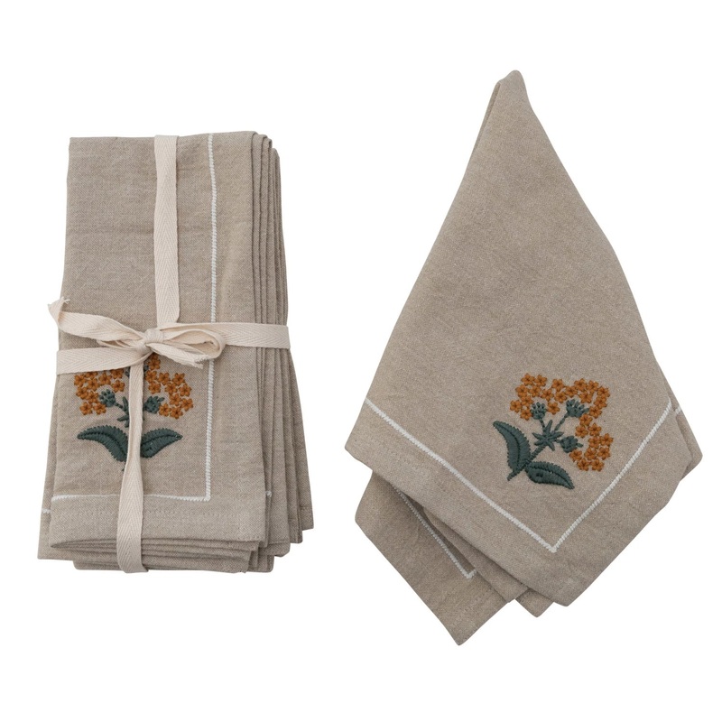 Cotton Napkins with Floral Embroidery, Set of 4