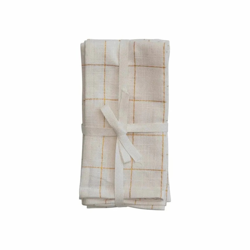 Cream and Metallic Gold Grid Pattern Cotton Napkins, Set of 4