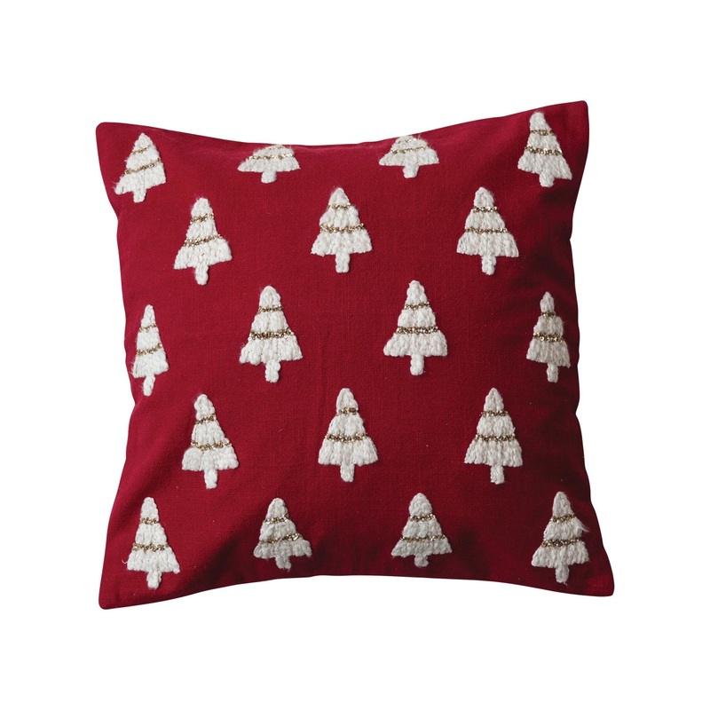Embroidered Cotton Red & White Christmas Tree 20" Square Pillow