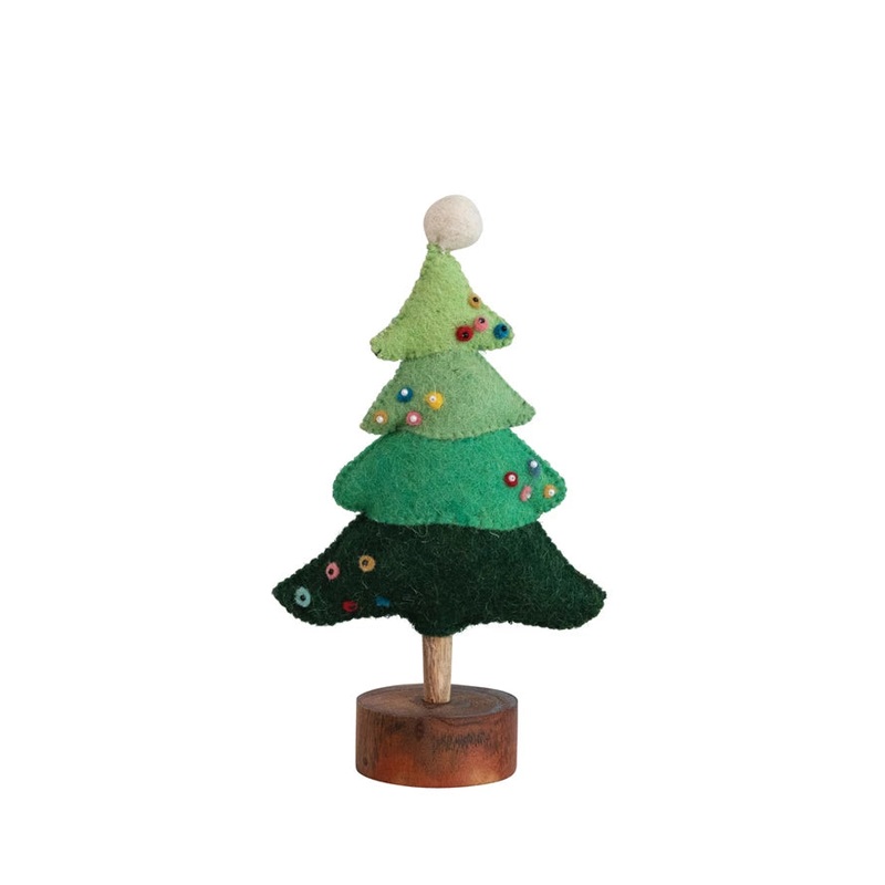 Handmade Ombre Green Wool Felt Tree with Beads and Pom Pom
