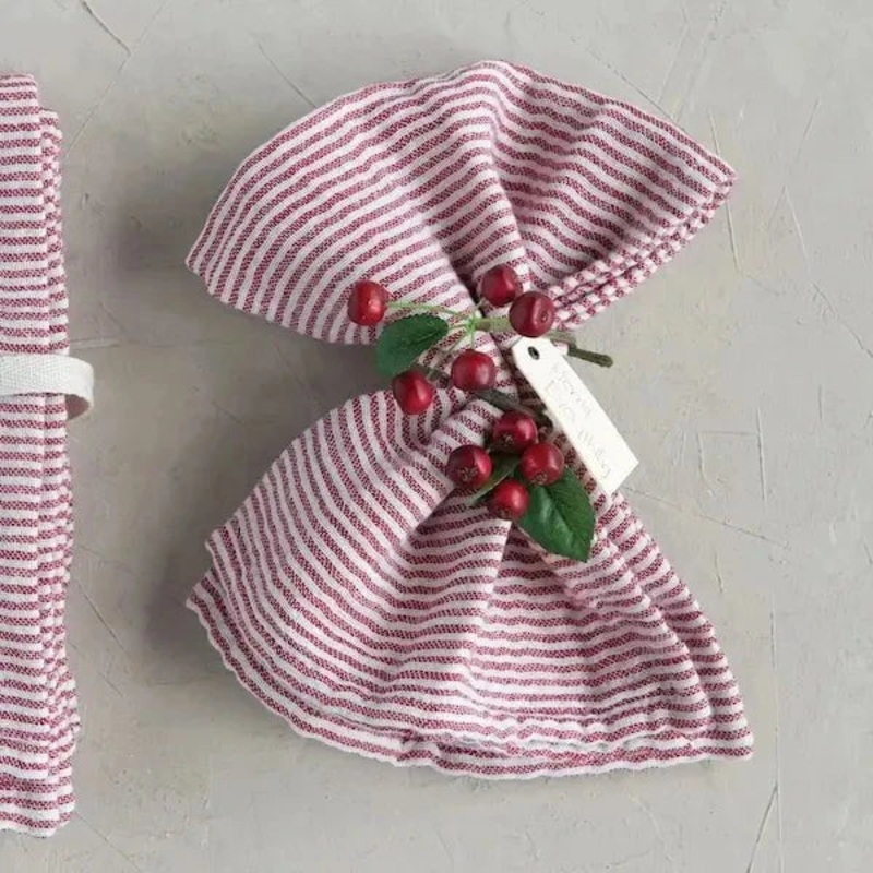 Red and White Cotton Stripe Napkins, Set of 4