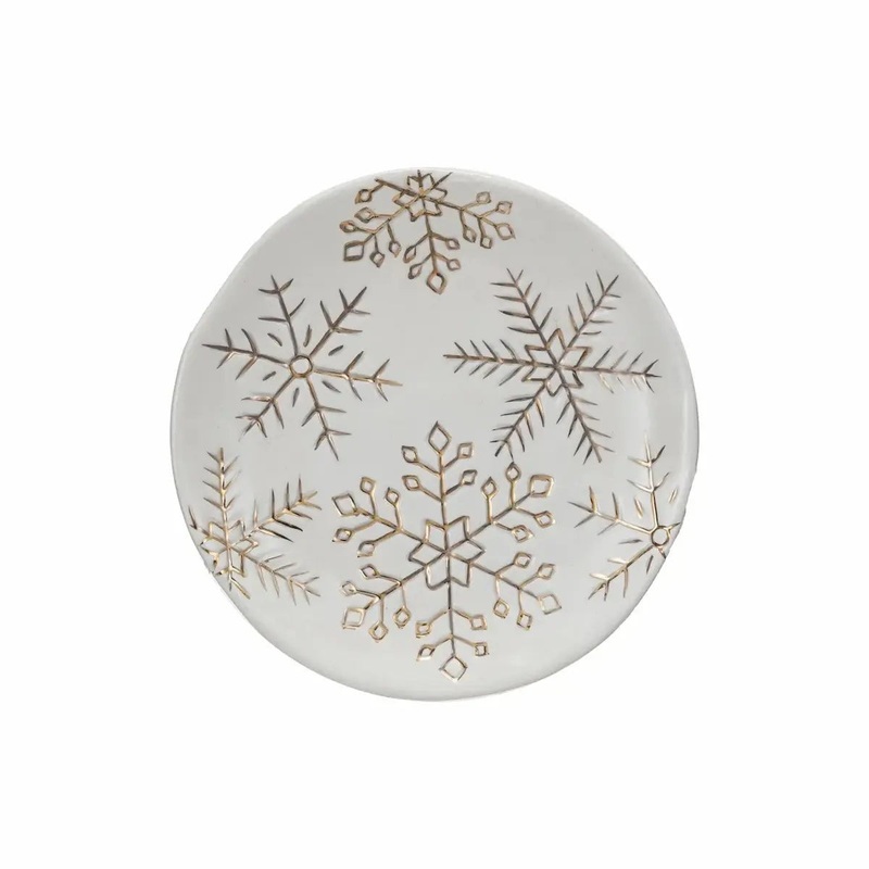 Stoneware Plate with Gold Electroplated Snowflakes
