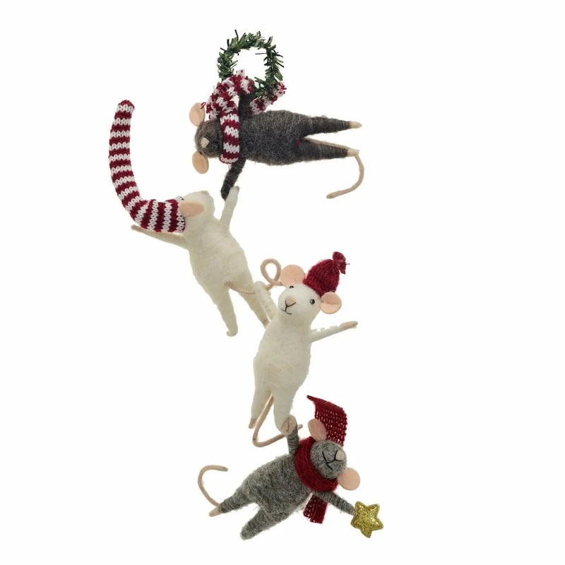 Wool Felt Mice Hanging From Wreath