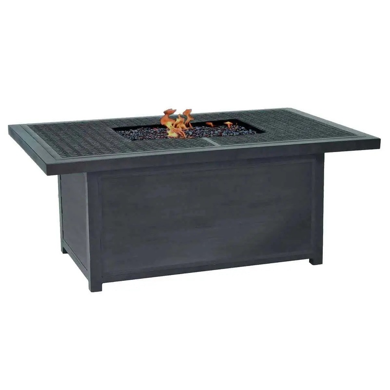 Castelle Altra Rectangle Coffee Table Fire Pit with Live Edge Mahogany Top and Weathered Wood Finish