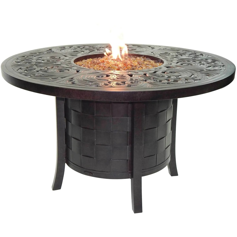 Castelle Classical 49" Round Fire Pit Dining Table with Live Edge Driftwood Top and Antique Dark Rum Finish