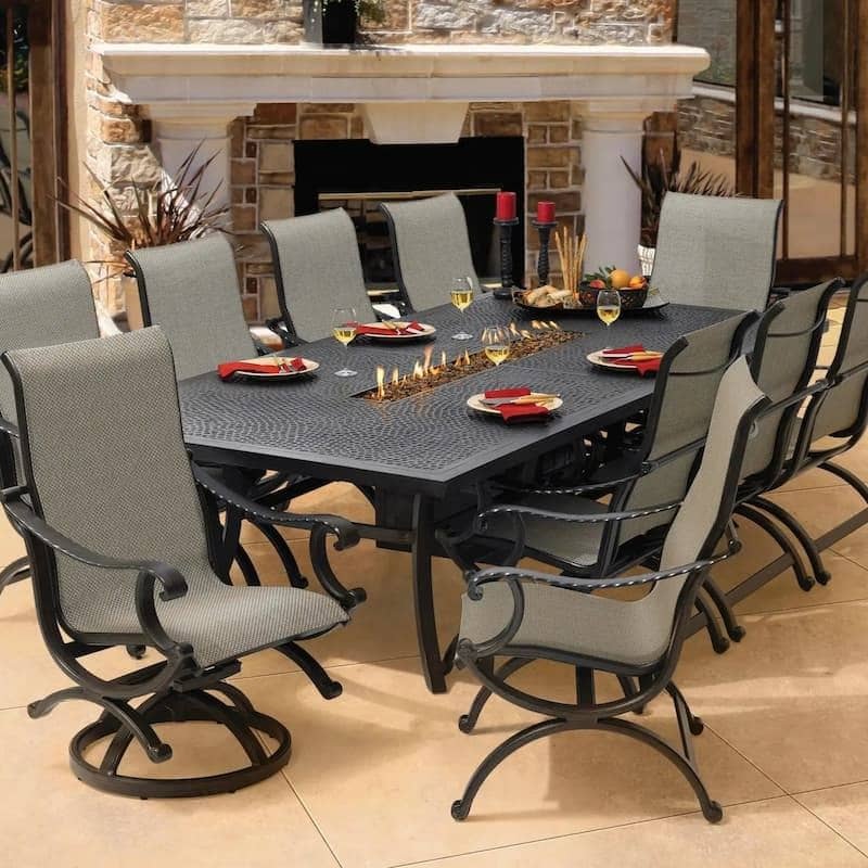 Castelle Classical 64" x 96" Rectangular Fire Pit Dining Table with Forged Top and Antique Dark Rum Finish