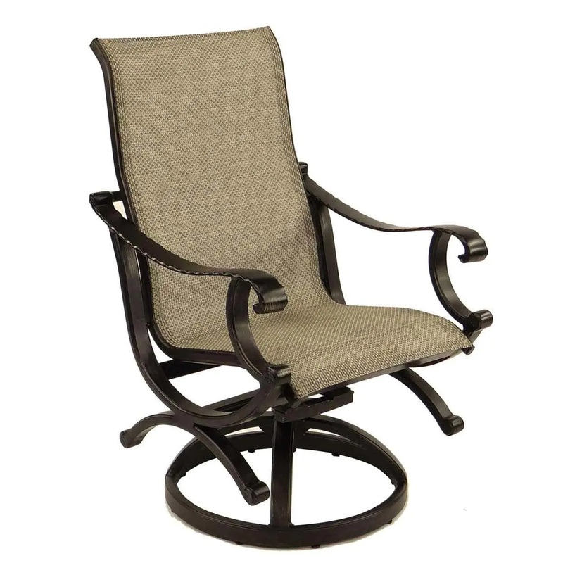 Castelle Telluride Sling Swivel Rocker with Antique Walnut Frame and Augustine Oyster Sling