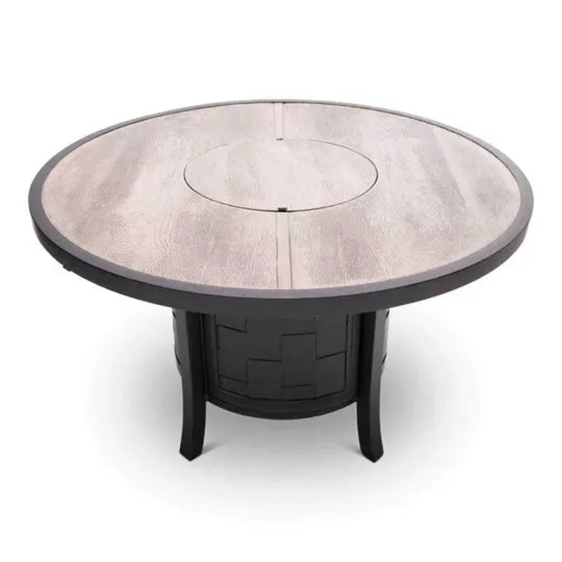 Castelle Classical 49" Round Fire Pit Dining Table with Woodgrain Weathered Wood Top and Antique Walnut Base