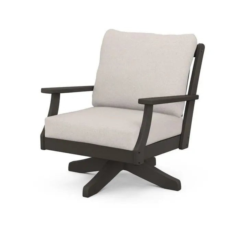 POLYWOOD Braxton Deep Seating Swivel Lounge Chair in Vintage Coffee with Essential Sand Cushions