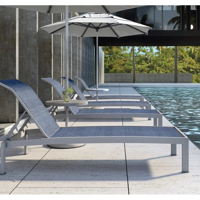 Castelle Orion Adjustable Sling Chaise Lounge with Platinum Tex Finish and Augustine Denim Sling