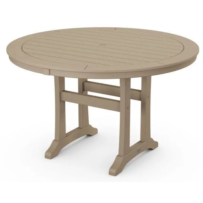 POLYWOOD 48" Round Nautical Trestle Outdoor Dining Table in Vintage Sahara