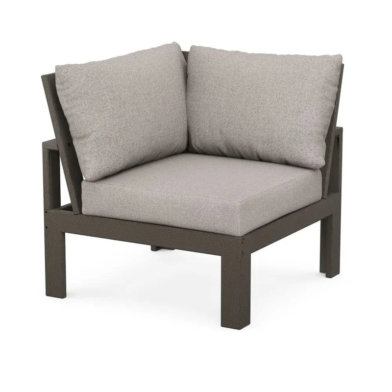 POLYWOOD Edge Modular Corner Chair in Vintage Coffee Finish with Weathered Tweed Cushion