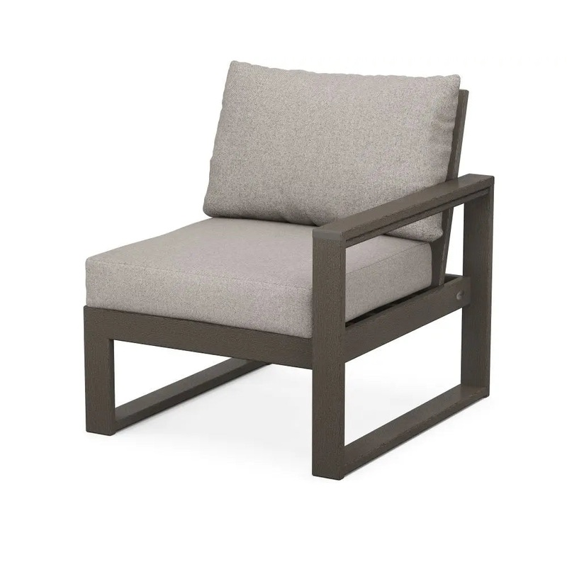 POLYWOOD Edge Modular Right Arm Chair in Vintage Coffee Finish with Weathered Tweed Cushion