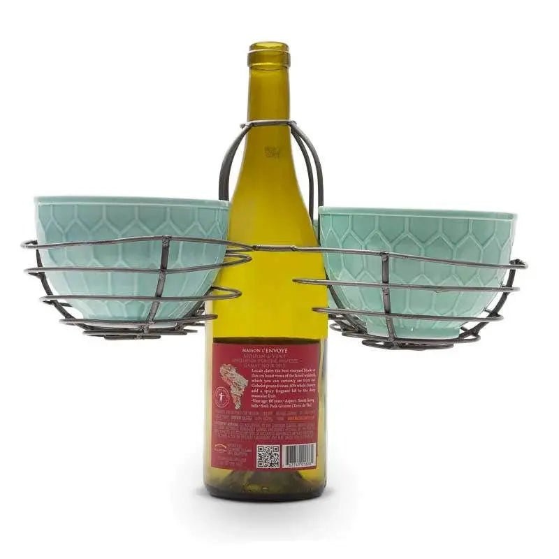 Quad Basket Bottle Topper with 4 Hex Pattern Stoneware Bowls