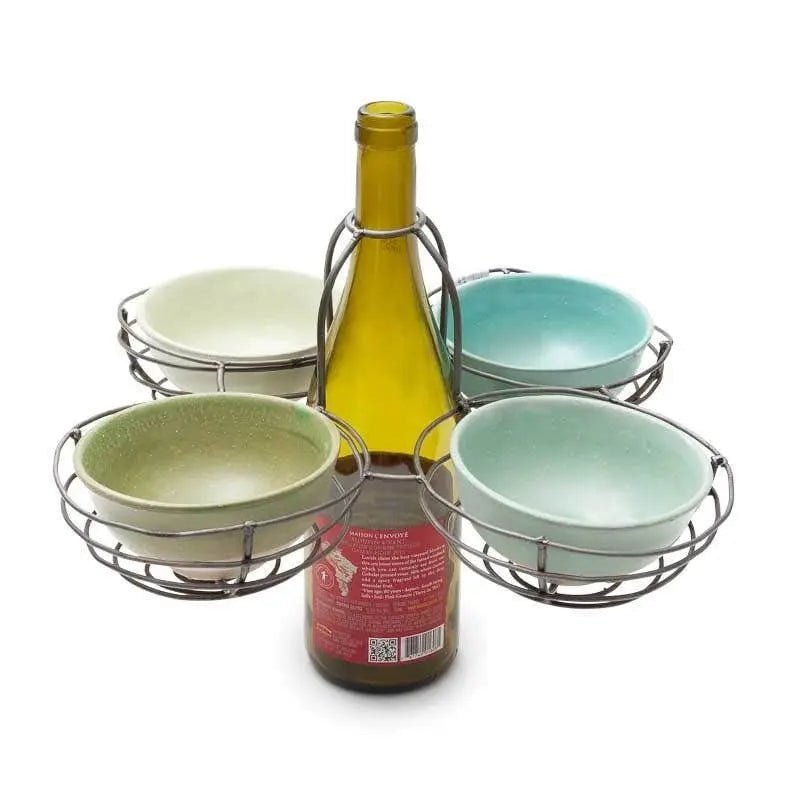 Quad Basket Bottle Topper with 4 Two-Toned Stoneware Bowls