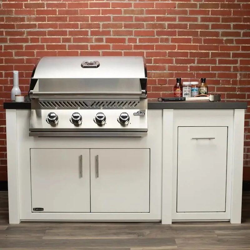 Stoll 71 Pre-Assembled Outdoor Kitchen Island + Napoleon BI32 Prestige Grill Head, White Cabinet with Darkened Iron Top
