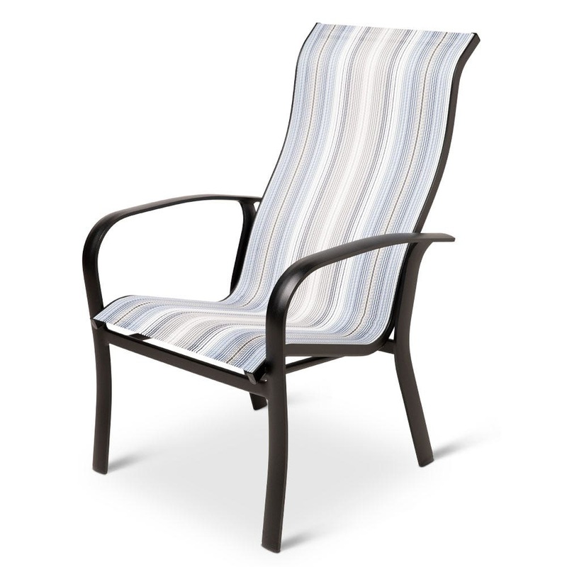 Woodard Fremont High Back Dining Arm Chair in Textured Black Finish with Daytripper Stripe Sling - Set of 2