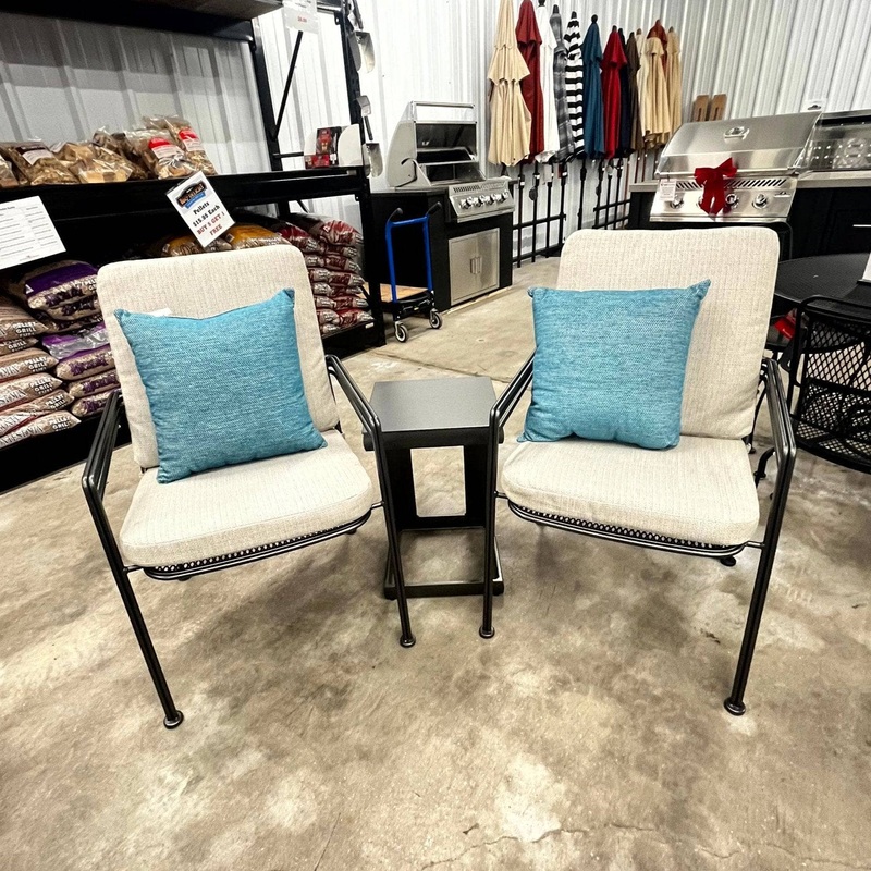 Local Special, Woodard, Madison, 2 Dining Chairs with back & seat cushions + end table, Pewter Finish