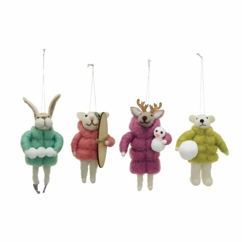 Handmade Wool Felt Animals in Winter Coat Ornaments