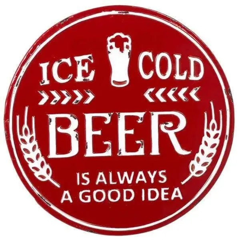 Red and White Enameled Round "Ice Cold Beer" Wall Sign