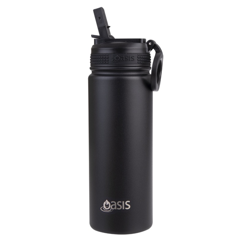 Oasis S/S Insulated Sports Bottle w/Sipper Straw 550ml - Black