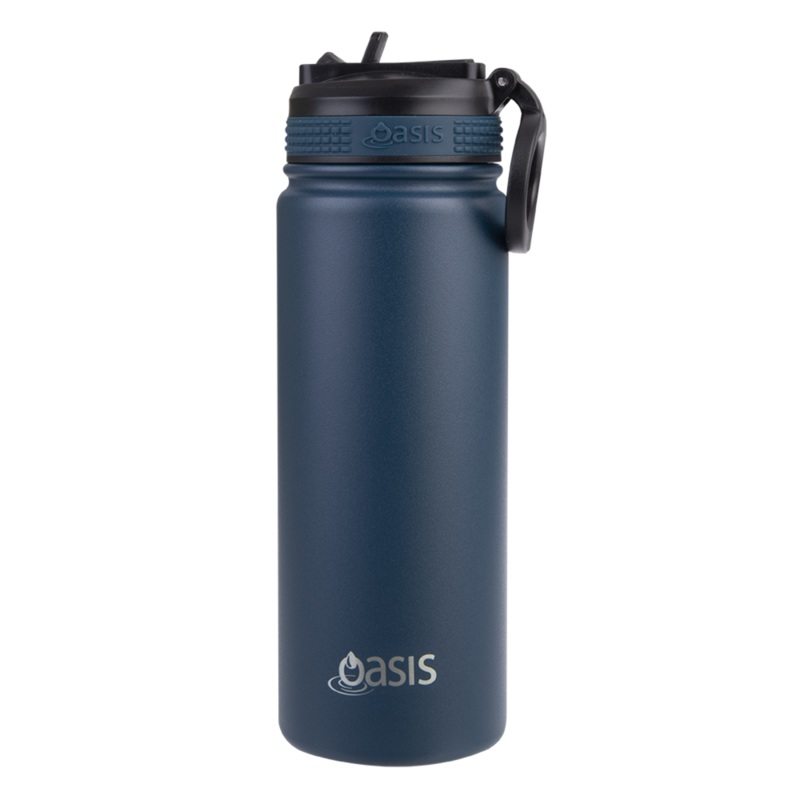 Oasis S/S Insulated Sports Bottle w/Sipper Straw 550ml - Navy