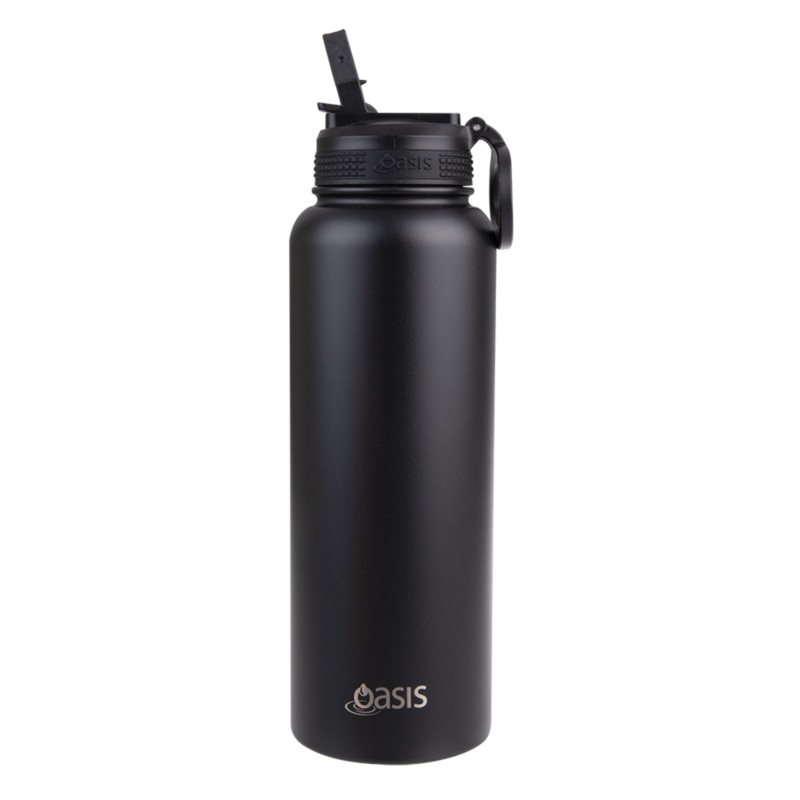 Oasis S/S Insulated Sports Bottle w/Sipper Straw Cap 1.1L - Black