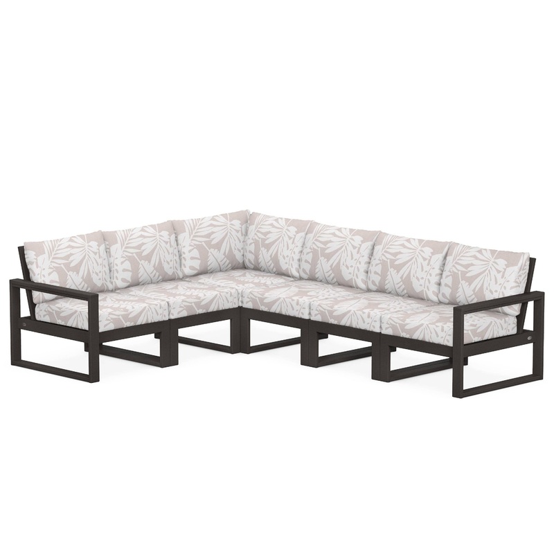 Polywood, Edge, 6-Piece Modular Deep Seating Set, Vintage Coffee Finish, Leaf Dune Burlap Fabric (Grade B)