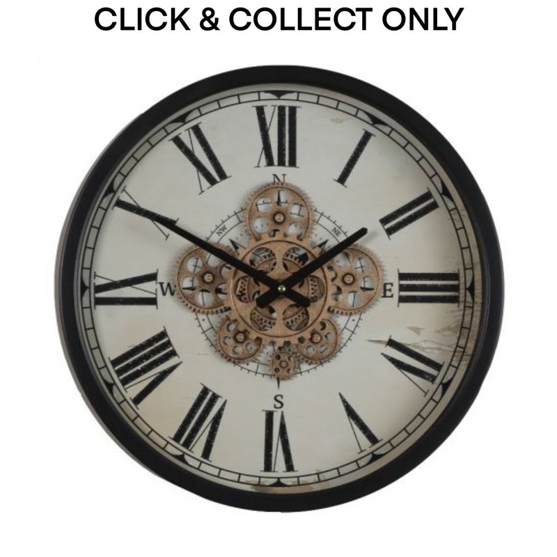 Cog Wall Clock Round Compass 46cm - Black w/Natural