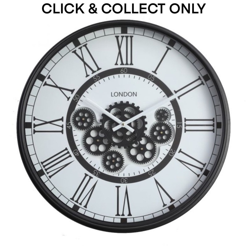 Cog Wall Clock Round London Modern 54cm - Black w/White