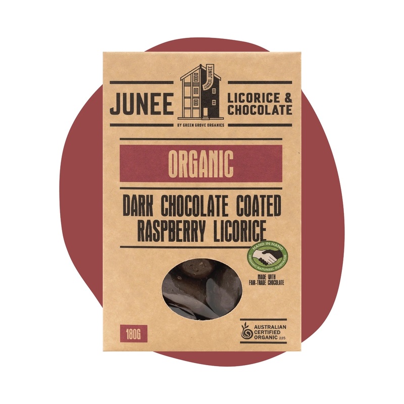 Junee Licorice & Chocolate: Dark Chocolate Raspberry Licorice 180g