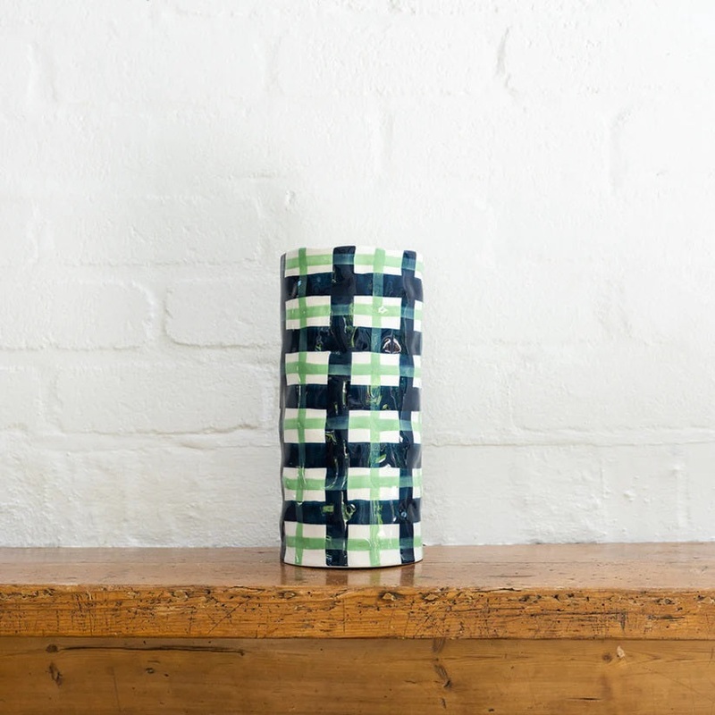 Noss & Co Large Vase - Navy & Mint Green Gingham