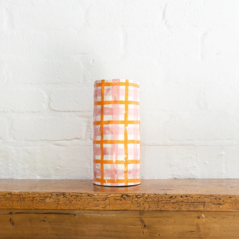 Noss & Co Large Vase - Pink & Orange Gingham