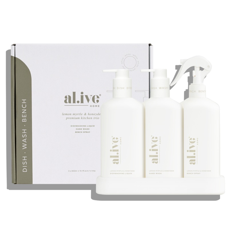 al.ive Kitchen Trio Dishwashing Liquid, Hand Wash & Bench Spray + Tray - Lemon Myrtle & Honeydew