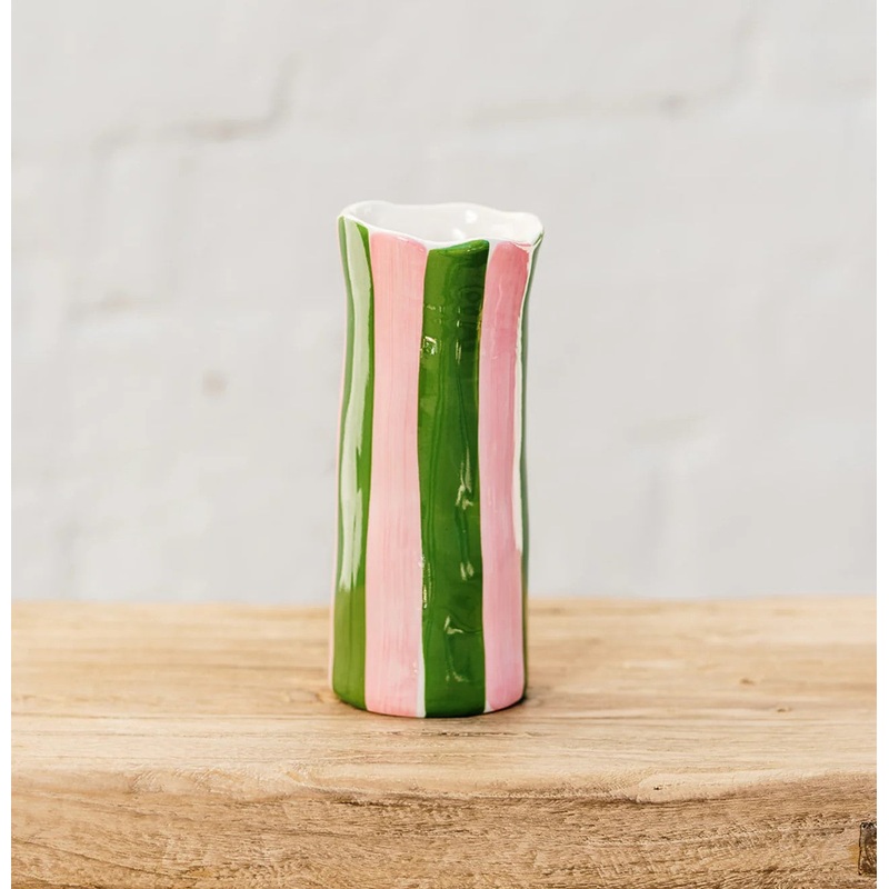 Noss & Co Vase Small - Dark Green & Pink Stripe