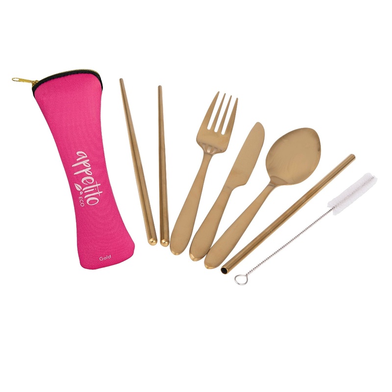 Appetito S/S Traveller'sCutlery Set - 6 Piece - Pink/Gold