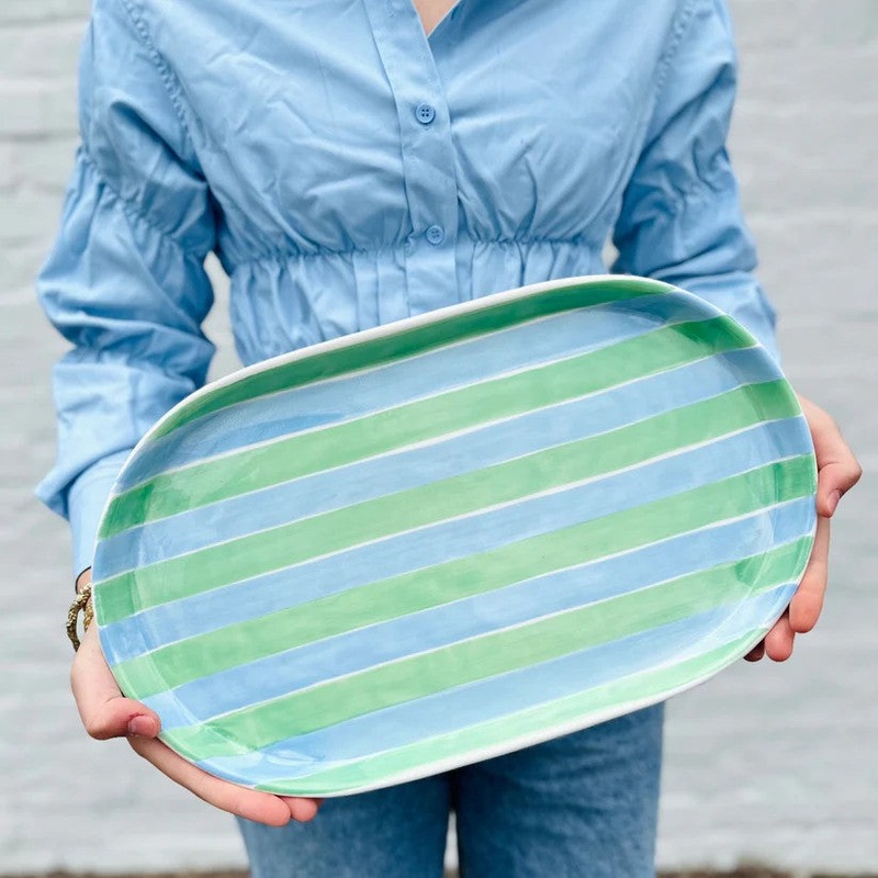 Noss & Co Oval Platter - Blue & Mint Green Stripe