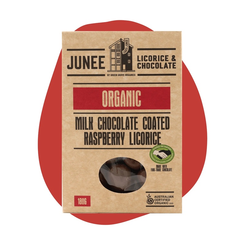 Junee Licorice & Chocolate: Milk Chocolate Raspberry Licorice 180g