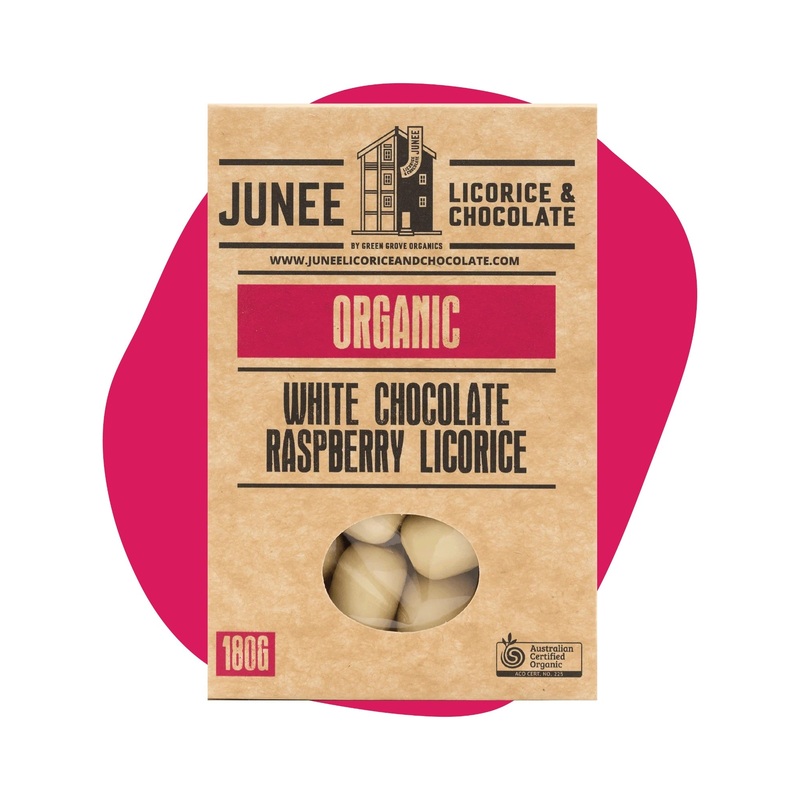 Junee Licorice & Chocolate: White Chocolate Raspberry Licorice 180g