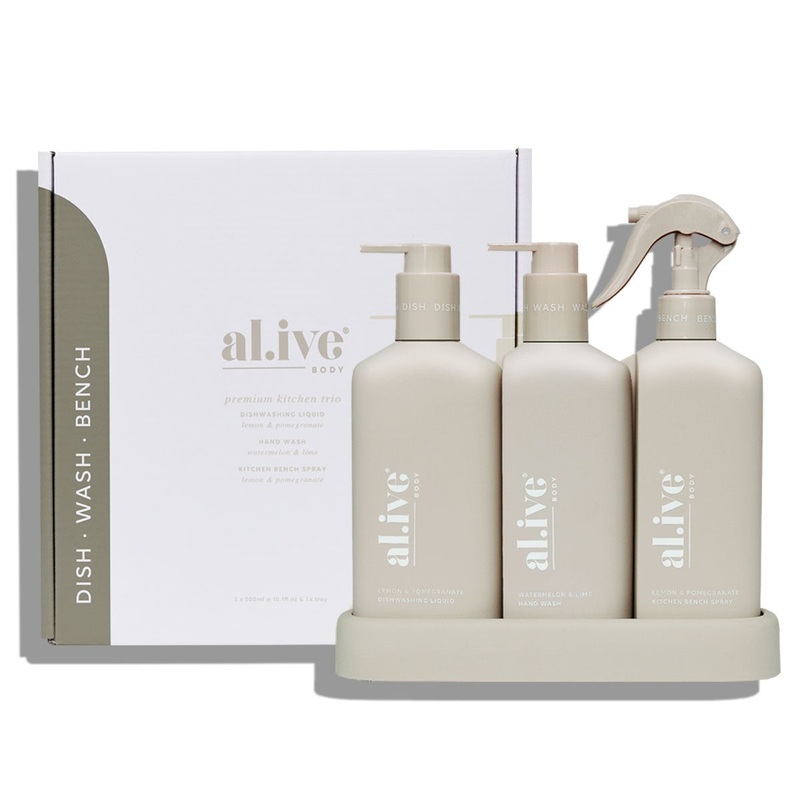 al.ive Kitchen Trio Dishwashing Liquid, Hand Wash & Bench Spray + Tray - Lemon & Pomegranate + Watermelon & Lime