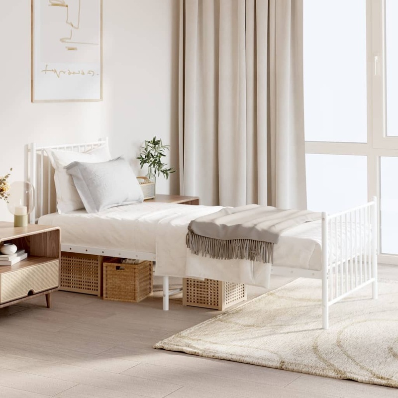 Cadre de lit mtal sans matelas avec pied de lit blanc 75x190cm
