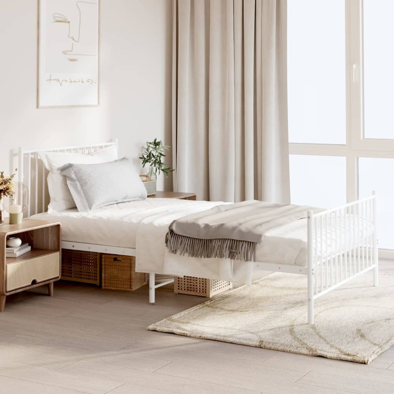 Cadre de lit mtal sans matelas et pied de lit blanc 107x203 cm
