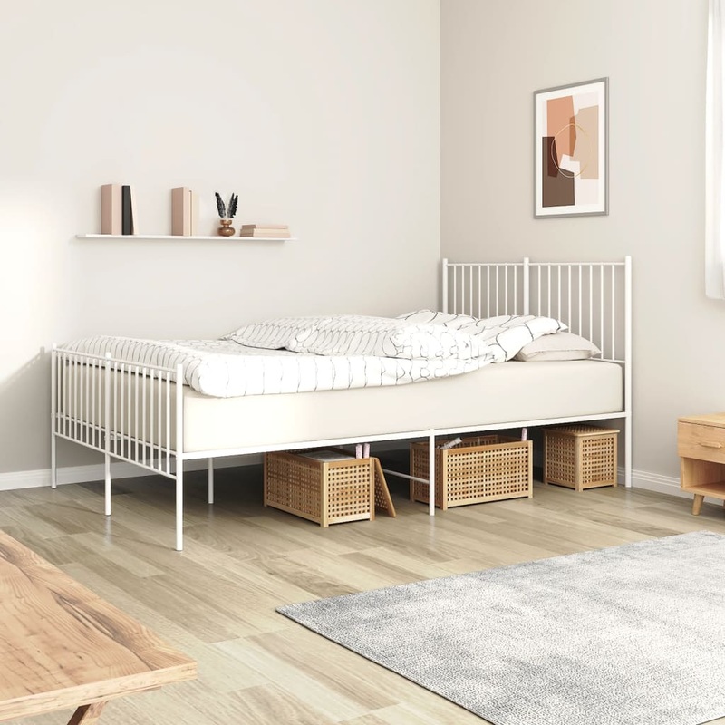 Cadre de lit mtal sans matelas et pied de lit blanc 140x200 cm