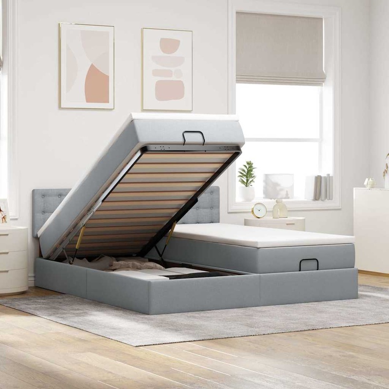 Cadre de lit ottoman et matelas gris clair 180x200cm tissu