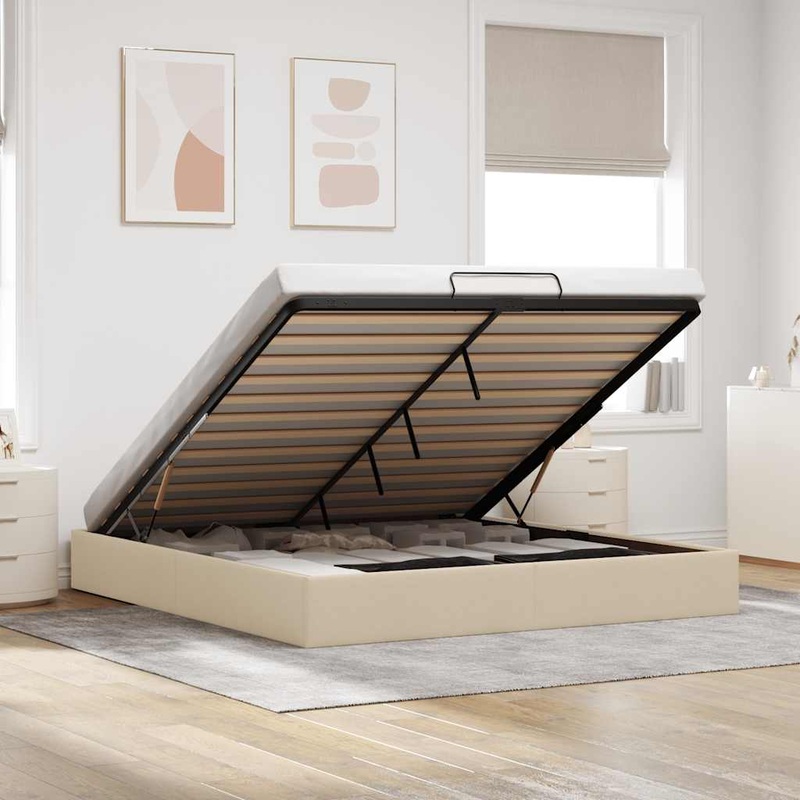 Cadre de lit ottoman sans matelas crme 160x200 cm tissu