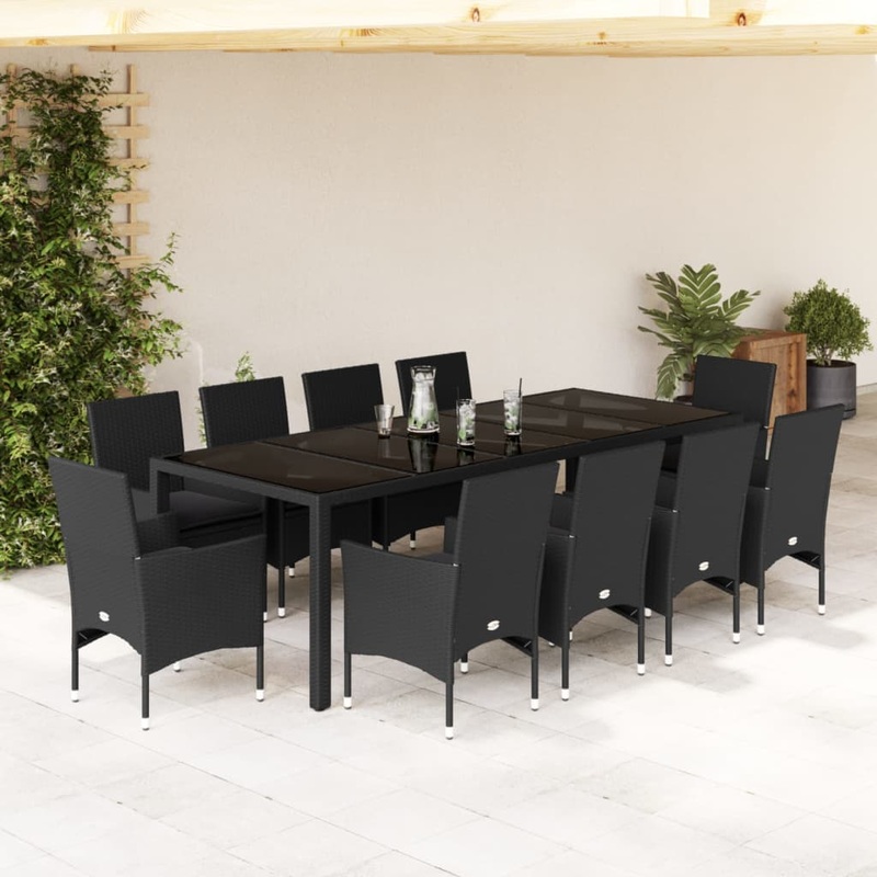 Ensemble  manger de jardin et coussins 11 pcs noir rotin verre
