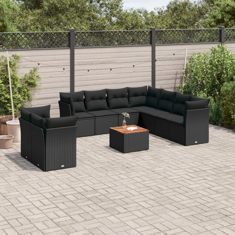 Salon de jardin 10 pcs avec coussins Noir Rsine tresse